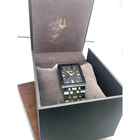 Bulova Men's Watch 98D153 Black Dial Diamond Accent Rectangle Two Tone Steel - Picture 3 of 15